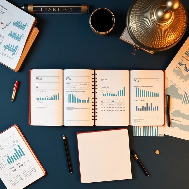 Editorial flat lay: sešity a tištěné finanční grafy
