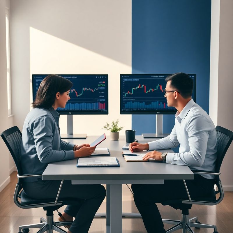 Dva analytici u minimalistického pracovního stolu